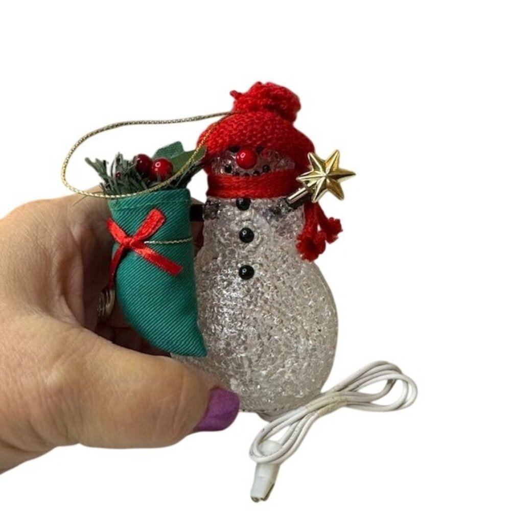 Handcrafted Glass Snowman Christmas Ornament With Red Knit Hat & Green Gift Bag